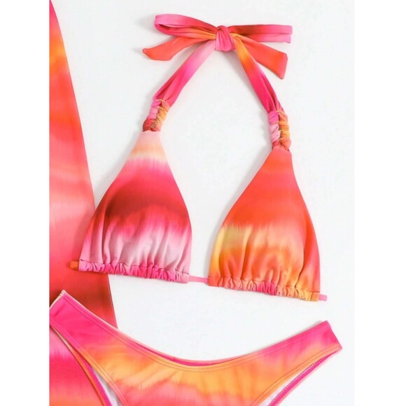 X-Large 3-piece Tie Dye Halter Triangle Bikini Swimsuit With Beach Wrap Skirt - Picture 5 of 6